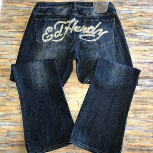 Ed Hardy Jeans Rhinestones Embellished Boot Cut Blue Womens Plus Size 18